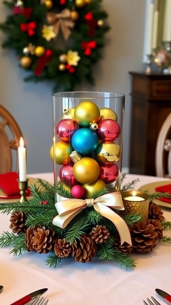 A festive Christmas table centerpiece with ornaments, pinecones, and candles in a glass vase.